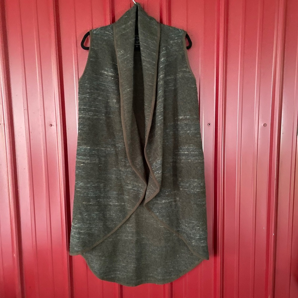 Lucky Brand Duster Vest Open Front Sleeveless Cardigan Wool Blend Olive M Pocket